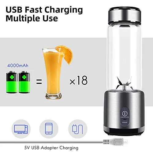 Portable Blender, Stainless Steel and Glass Body, Electric Juicer Cup Personal Size with USB Rechargeable, Mini Juice Mixer for Shakes Smoothies Home Outdoor