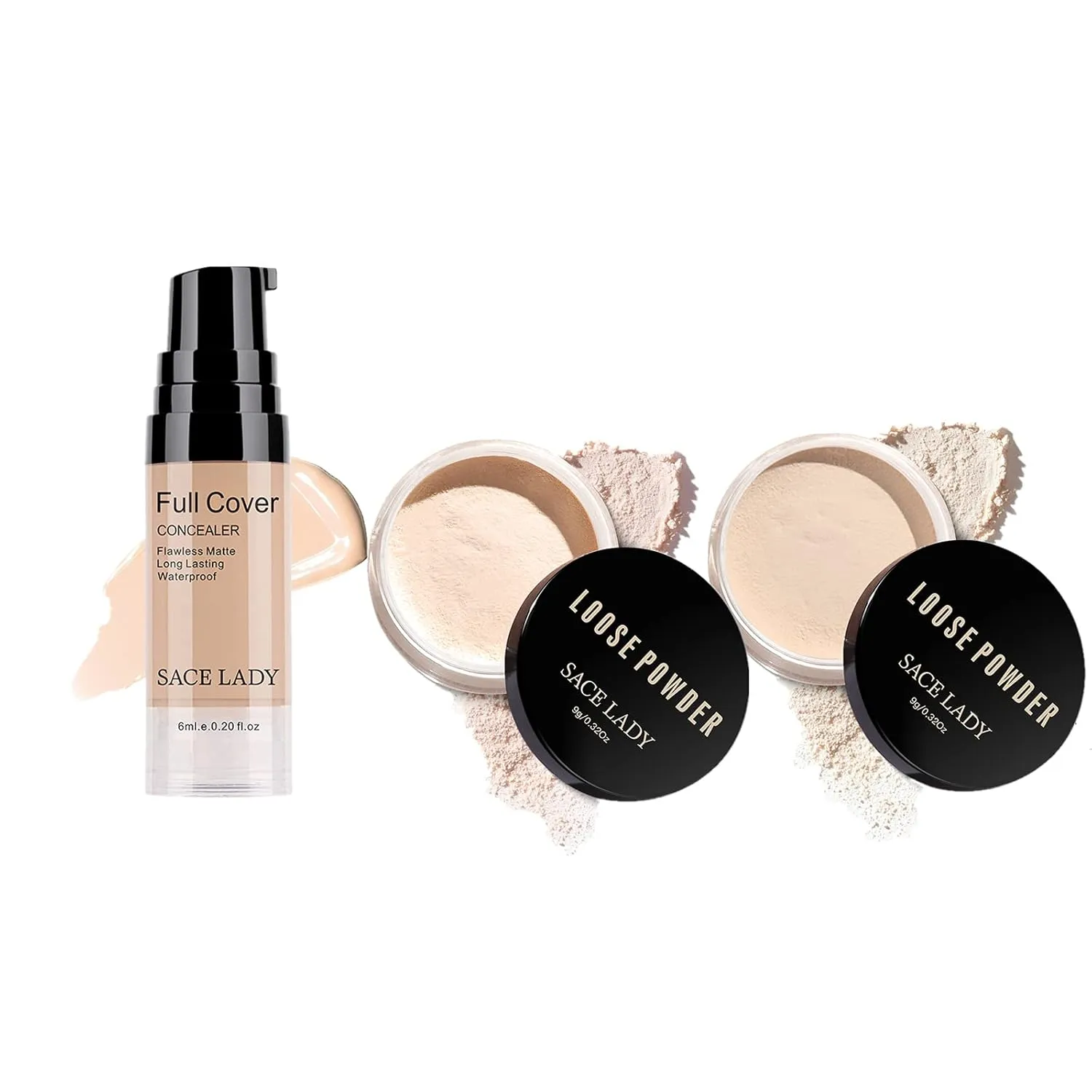 SACE LADY Face Make-Up Set Liquid Concealer and Matte Oil Control Loose Powder, Waterproof Long Lasting Poreless Makeup Base