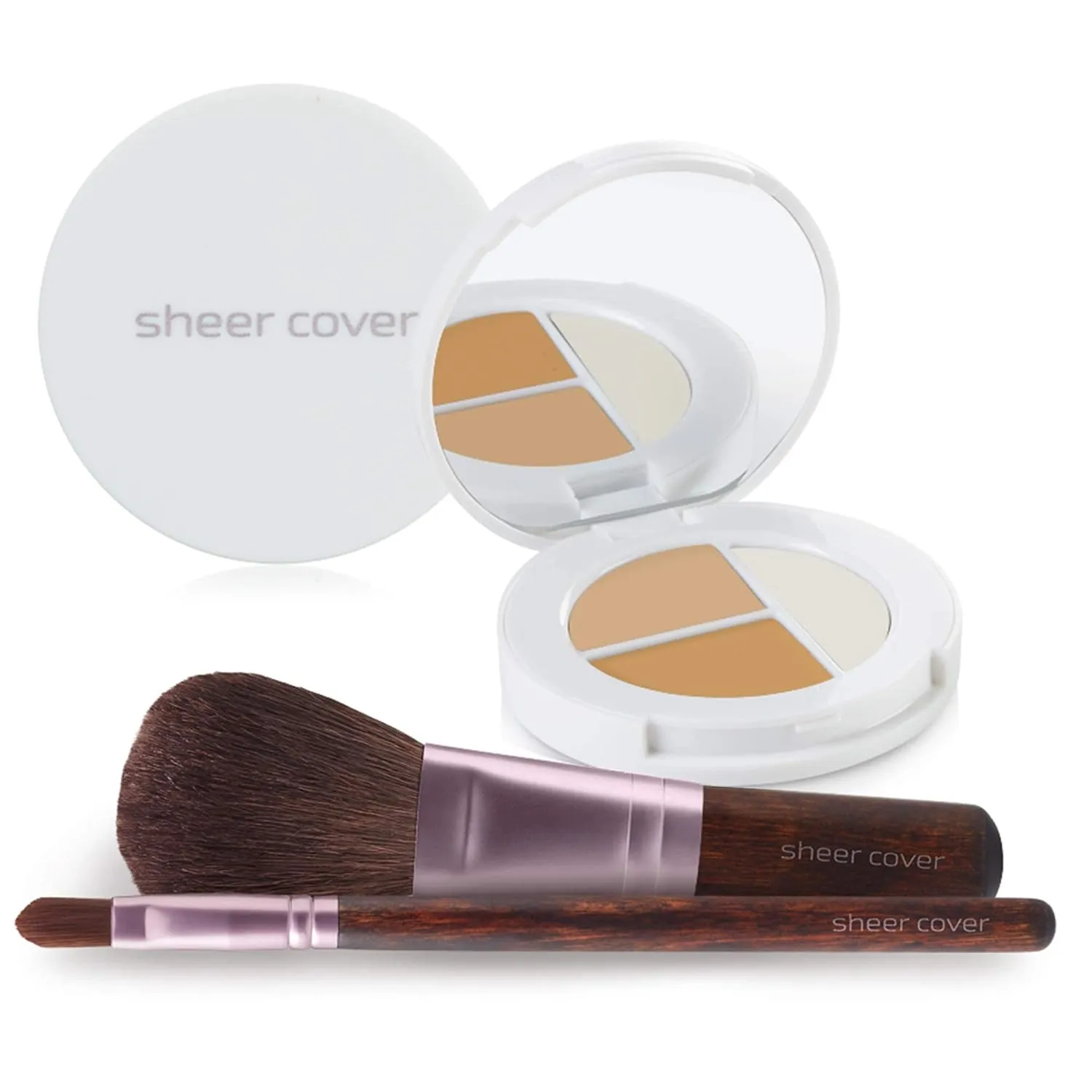 Sheer Cover  Flawless Face Kit  Perfect Shade Mineral Foundation  Conceal & Brighten Highlight Trio  with FREE Foundation Brush and Concealer Brush  Light Shade  4 Pieces