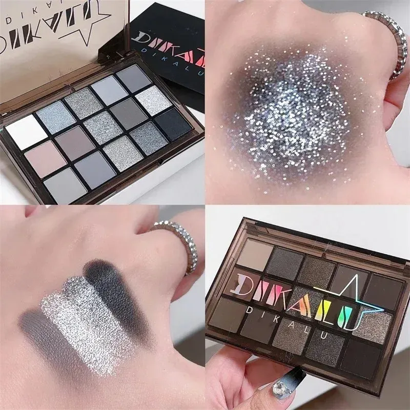 Yeknu 15Colors Eyeshadow Palette Black Smokey Cool Toned Eye Shadow Metal Pearlescent Matte Silver Gray Lasting Eyeshadow Party Makeup