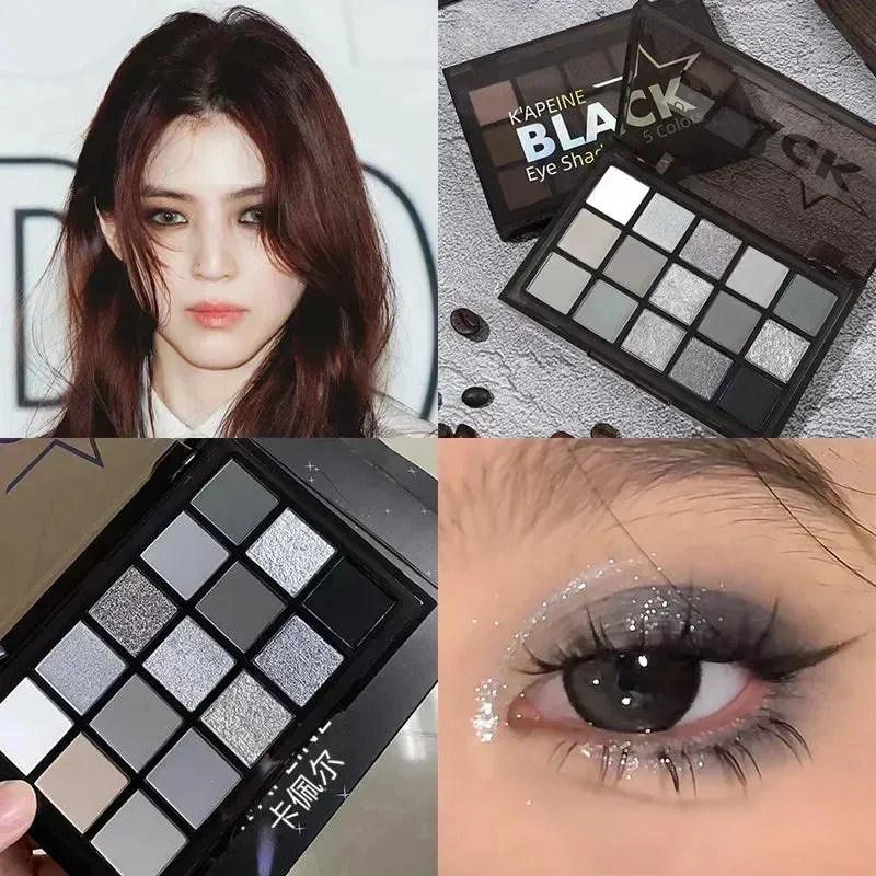 Yeknu 15Colors Eyeshadow Palette Black Smokey Cool Toned Eye Shadow Metal Pearlescent Matte Silver Gray Lasting Eyeshadow Party Makeup