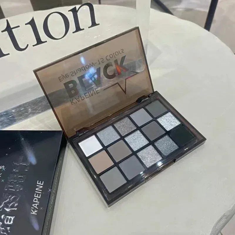 Yeknu 15Colors Eyeshadow Palette Black Smokey Cool Toned Eye Shadow Metal Pearlescent Matte Silver Gray Lasting Eyeshadow Party Makeup