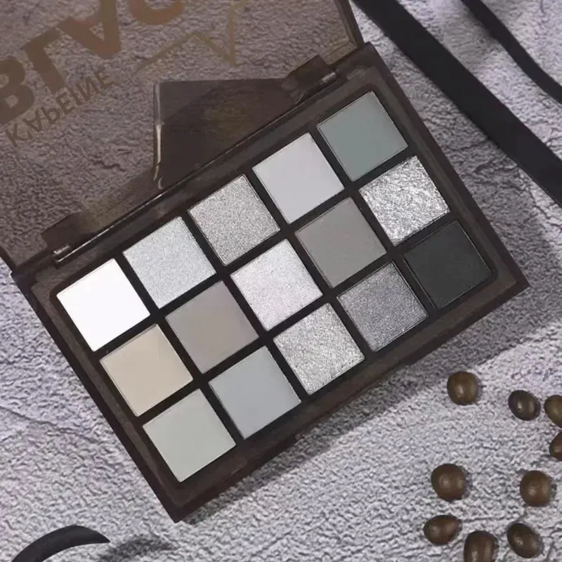 Yeknu 15Colors Eyeshadow Palette Black Smokey Cool Toned Eye Shadow Metal Pearlescent Matte Silver Gray Lasting Eyeshadow Party Makeup