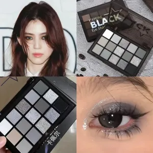 Yeknu 15Colors Eyeshadow Palette Black Smokey Cool Toned Eye Shadow Metal Pearlescent Matte Silver Gray Lasting Eyeshadow Party Makeup