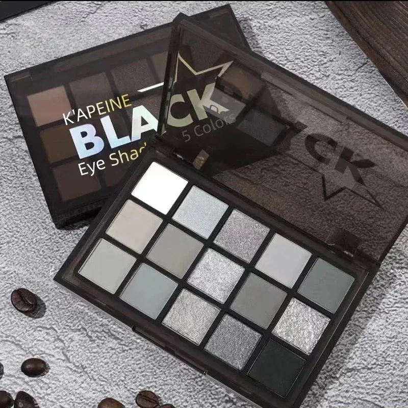 Yeknu 15Colors Eyeshadow Palette Black Smokey Cool Toned Eye Shadow Metal Pearlescent Matte Silver Gray Lasting Eyeshadow Party Makeup