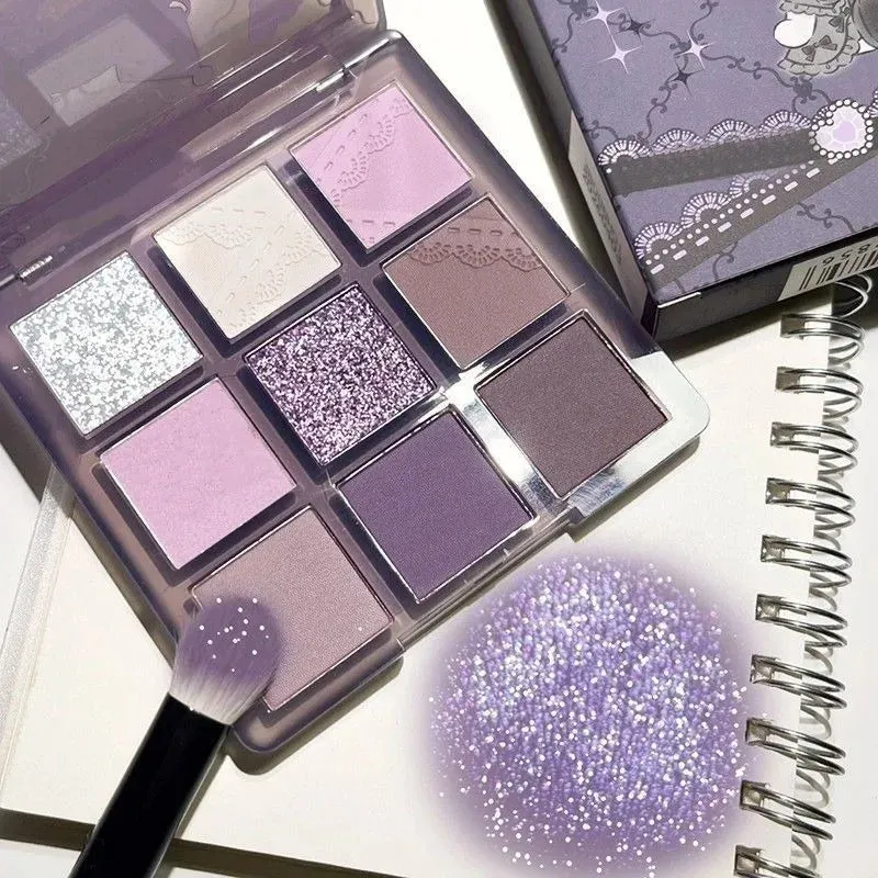 Yeknu Aurora Purple 9 Colors Eyeshadow Palette Smokey Purple Lace Shimmer Matte Silver Water Highlight Cool Tone Eye Shadow Korean
