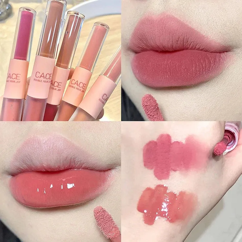 Yeknu Double Head Lip Glaze Mirror Jelly Lipstick Matte Mist Lips Mud Lasting Moisturizing Lip Gloss Tint Korea Makeup Women Cosmetic