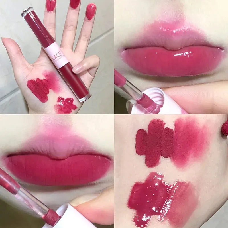 Yeknu Double Head Lip Glaze Mirror Jelly Lipstick Matte Mist Lips Mud Lasting Moisturizing Lip Gloss Tint Korea Makeup Women Cosmetic