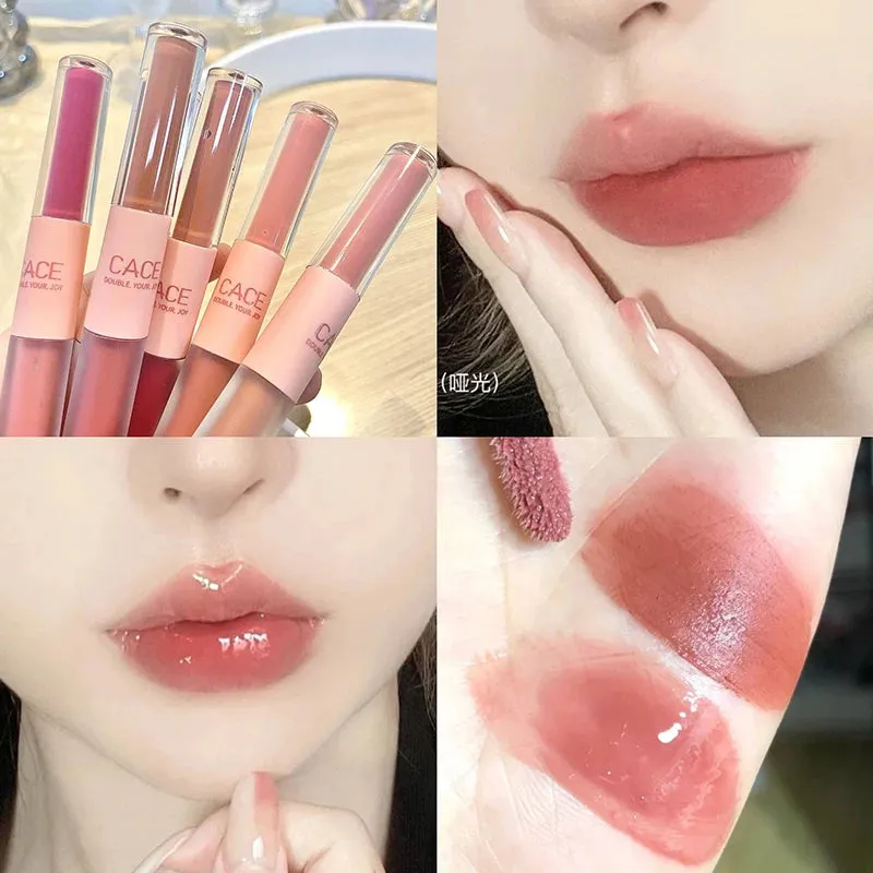 Yeknu Double Head Lip Glaze Mirror Jelly Lipstick Matte Mist Lips Mud Lasting Moisturizing Lip Gloss Tint Korea Makeup Women Cosmetic