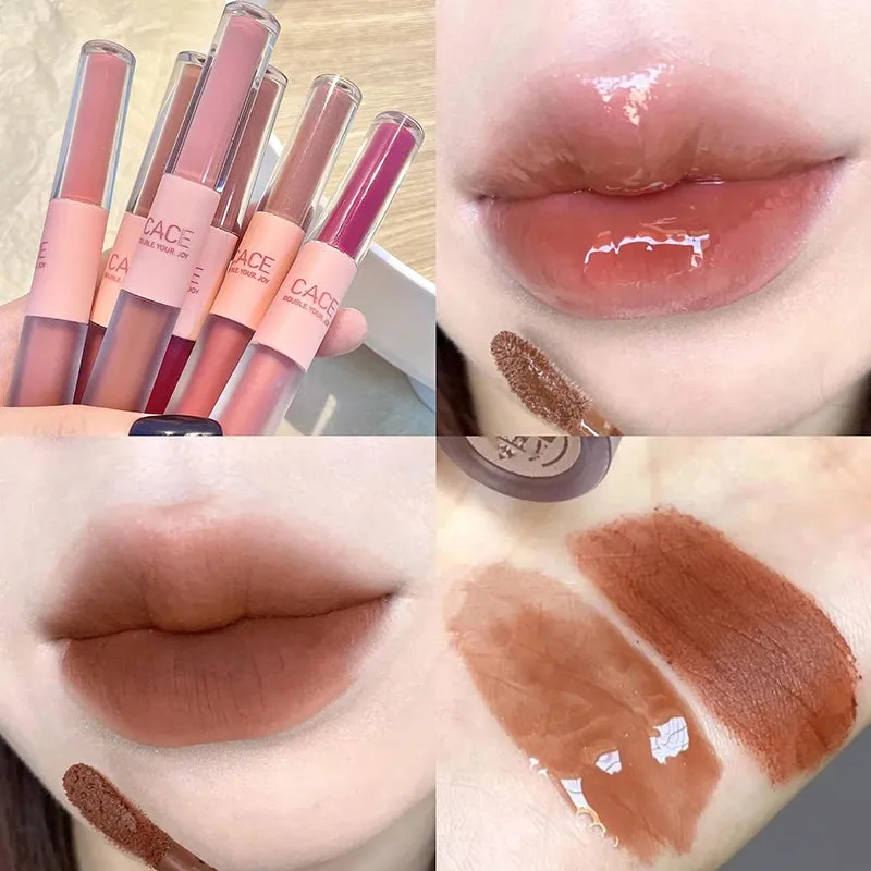 Yeknu Double Head Lip Glaze Mirror Jelly Lipstick Matte Mist Lips Mud Lasting Moisturizing Lip Gloss Tint Korea Makeup Women Cosmetic