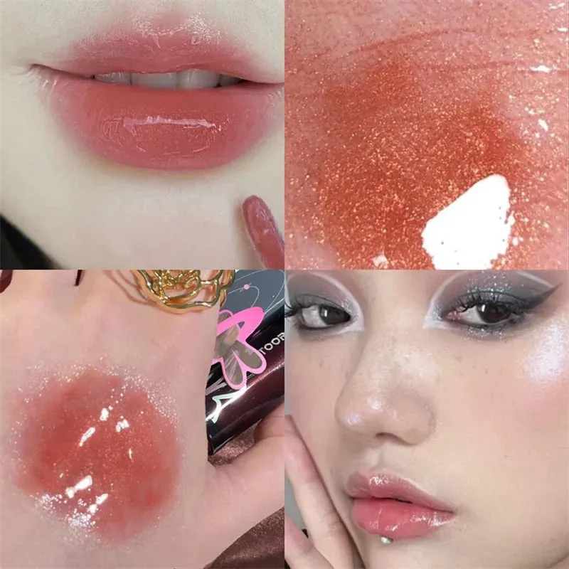 Yeknu Shining Lip Glaze Jelly Glitter Lip Gloss Long Lasting Moisturizing Liquid Lipstick Fade Lip Lines Shimmer Lip Makeup Cosmetics