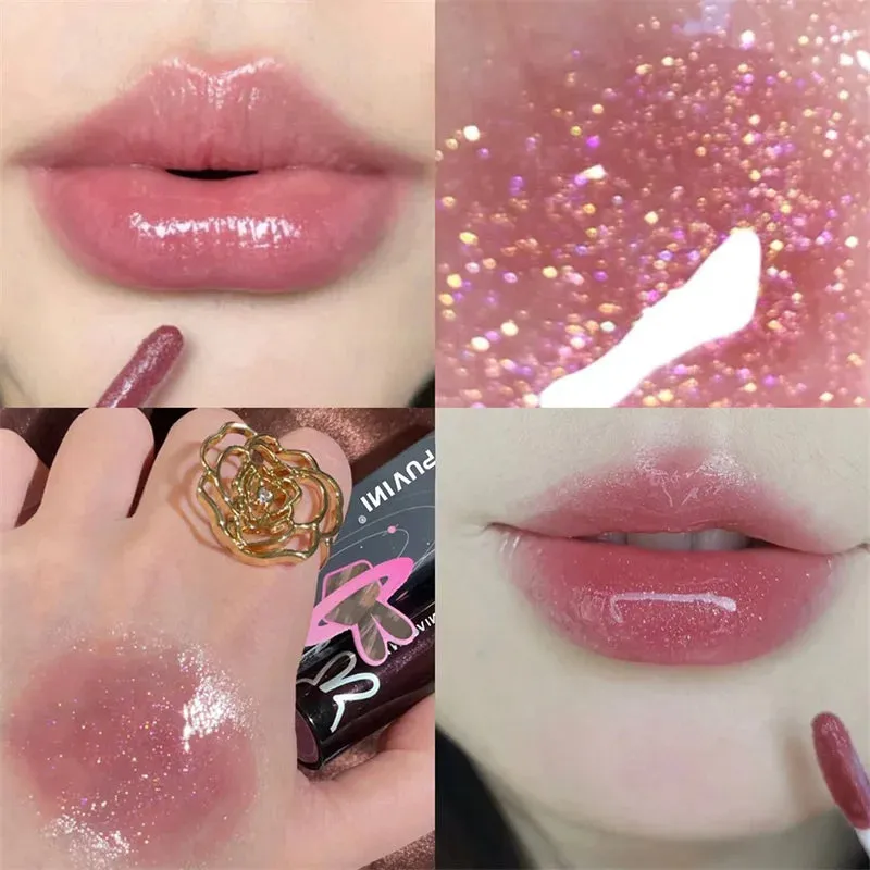 Yeknu Shining Lip Glaze Jelly Glitter Lip Gloss Long Lasting Moisturizing Liquid Lipstick Fade Lip Lines Shimmer Lip Makeup Cosmetics
