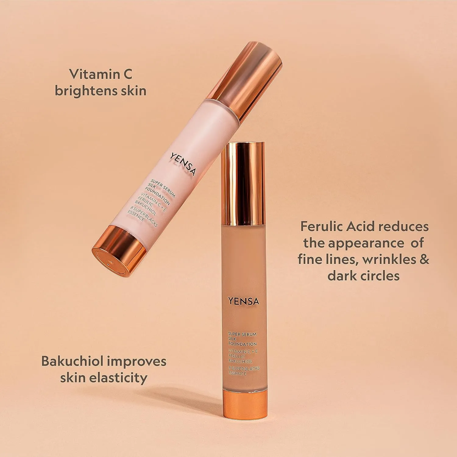 YENSA Serum Foundation Makeup - Super Silk Full Coverage Foundation Enriched with Peptides, Vitamin C & Ferulic Acid to Help Reduce Fine Lines, Wrinkles & Dark Circles - Deep 1 (1 oz)